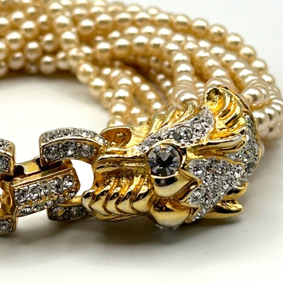 RARE 70s Vintage Kenneth Lane Panther Head Multi Strand Pearl Statement Bracelet - Picture 9 of 16